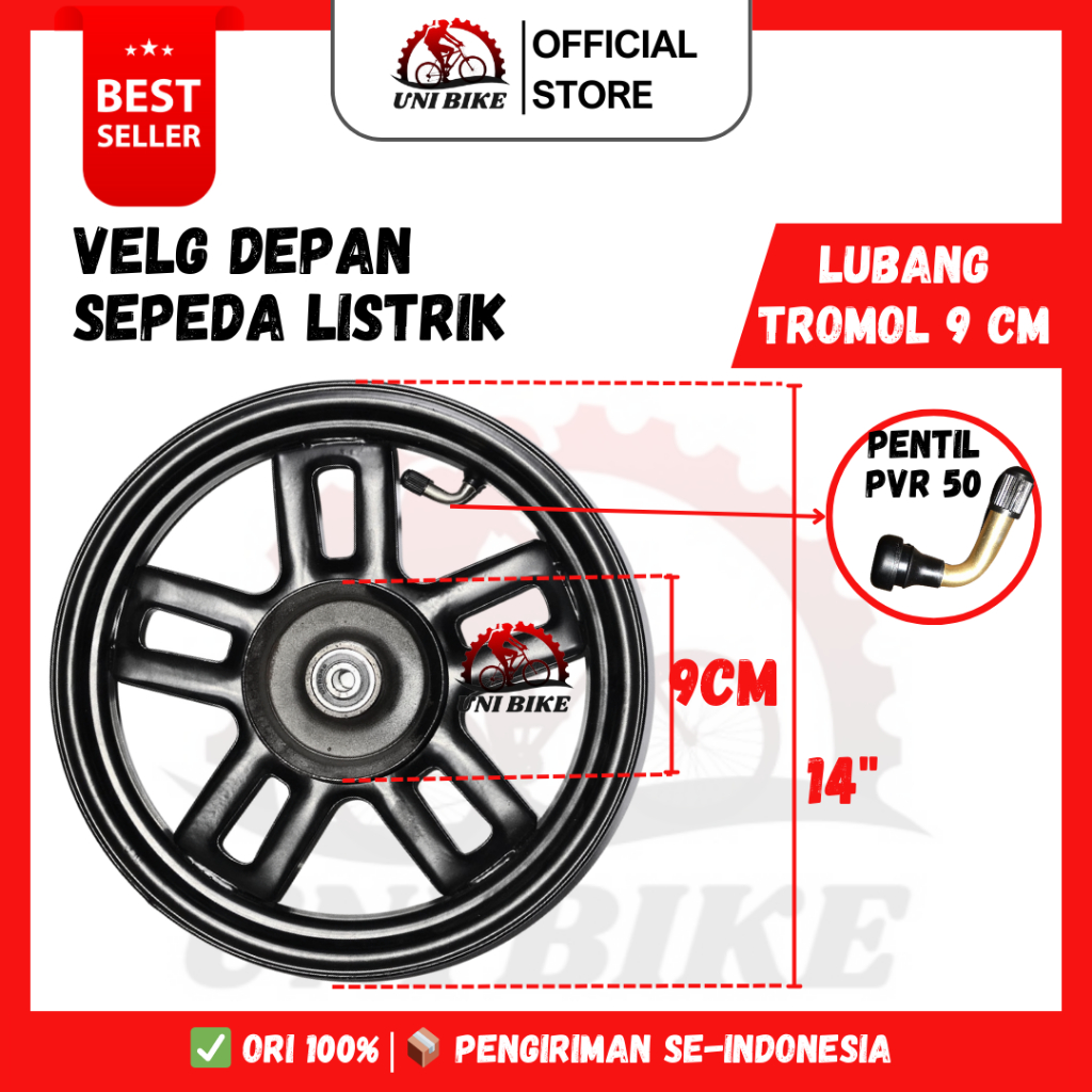 Velg / Velk / Pelg / Pelek Depan Sepeda Listrik ukuran 14 Inch SELIS TROMOL 9 CM