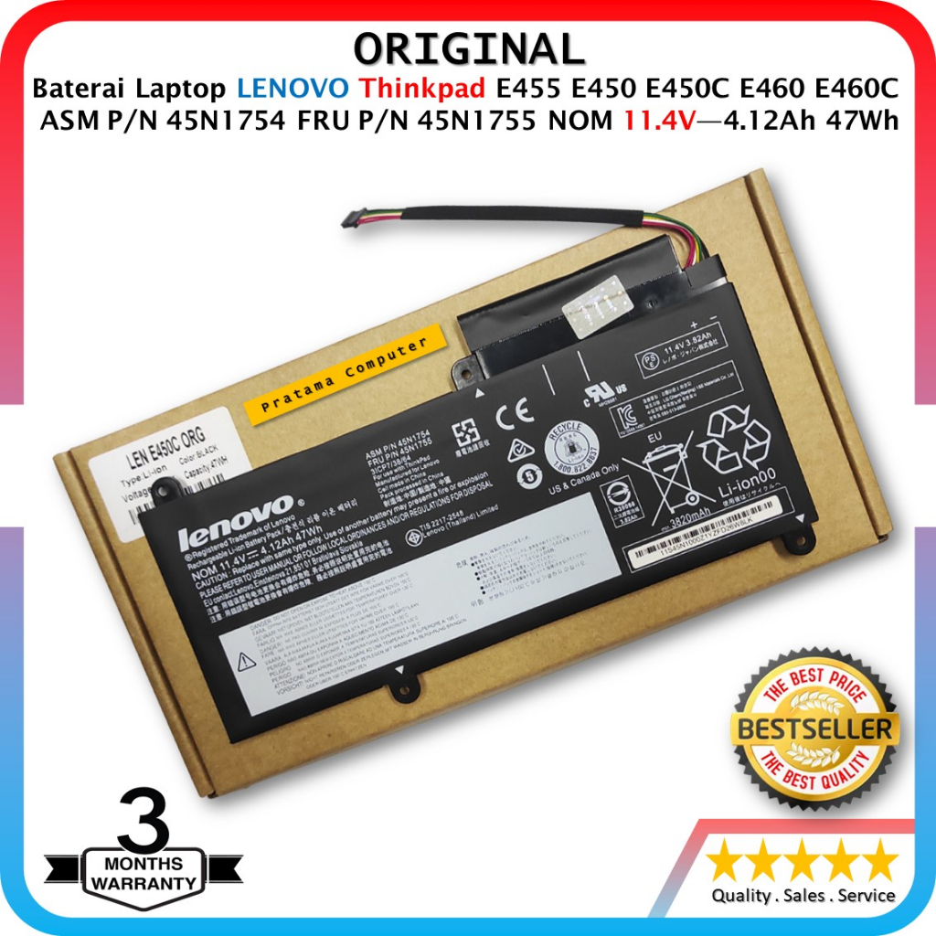 ORIGINAL-Baterai Laptop LENOVO Thinkpad E455 E450 E450C E460 E460C Series ASM P/N 45N1754 FRU P/N 45N1755 NOM 11.4V—4.12Ah 47Wh