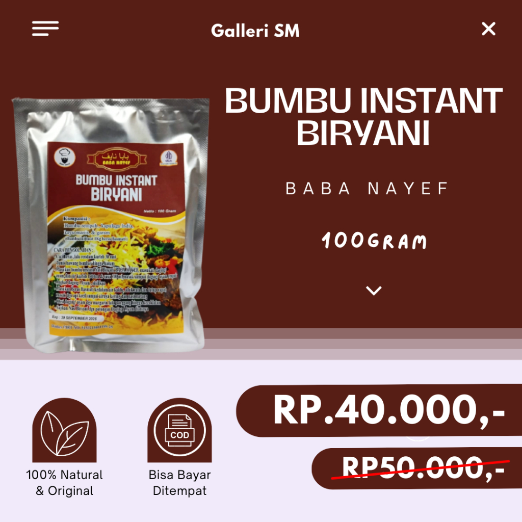 

Bumbu Biryani Instant Baba Nayef 100gr Buat 1kg Beras Original