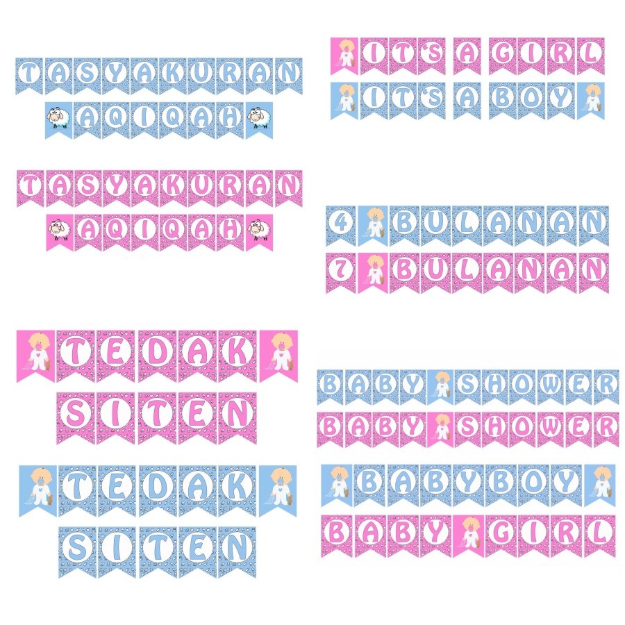 Bunting Flag 1 Set Tulisan Tasyakuran Aqiqah Baby Shower Boy Girl 7 Bulanan