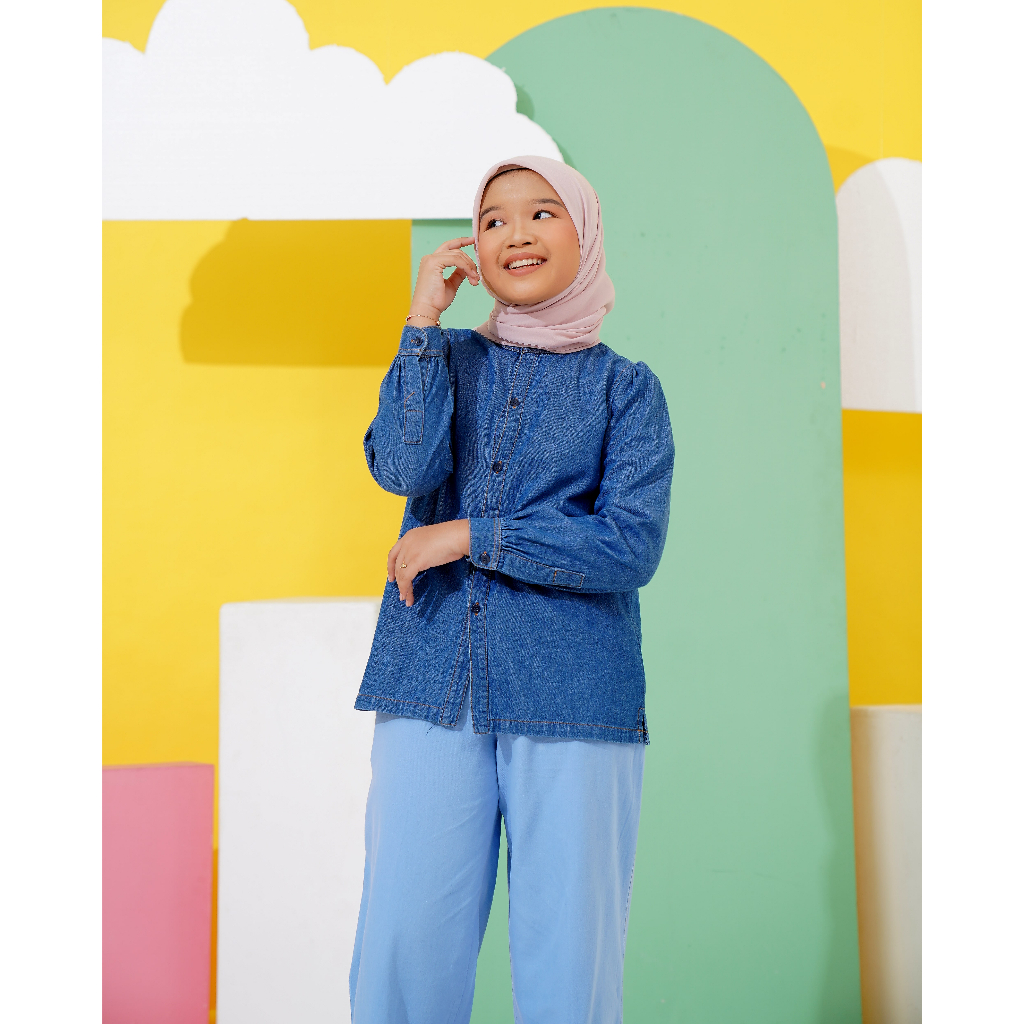 LITTLE MISSMOS - New Namia Blouse, Blouse Anak muslim lengan panjang dengan bahan Katun denim yang pas ketebalannya untuk kemeja, dengan warna basic denim dark dan light denim