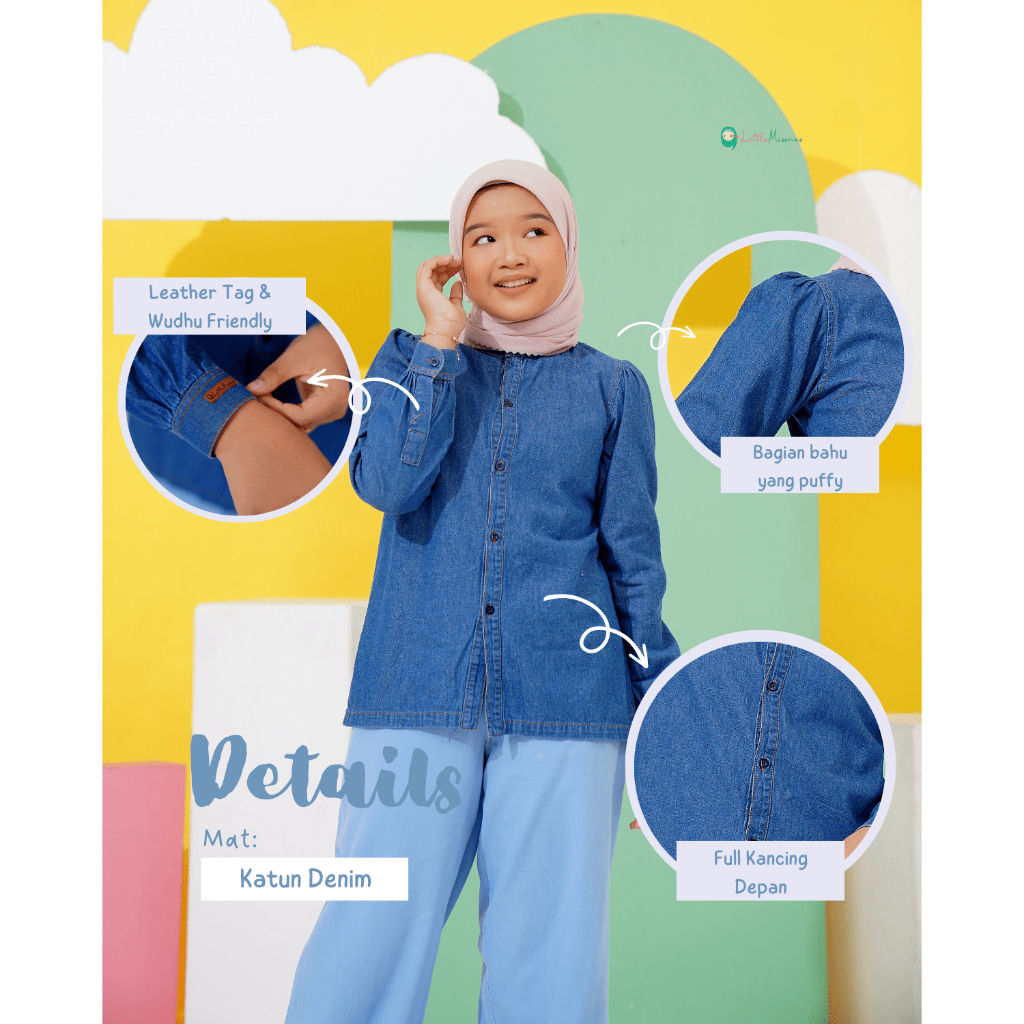 LITTLE MISSMOS - New Namia Blouse, Blouse Anak muslim lengan panjang dengan bahan Katun denim yang pas ketebalannya untuk kemeja, dengan warna basic denim dark dan light denim