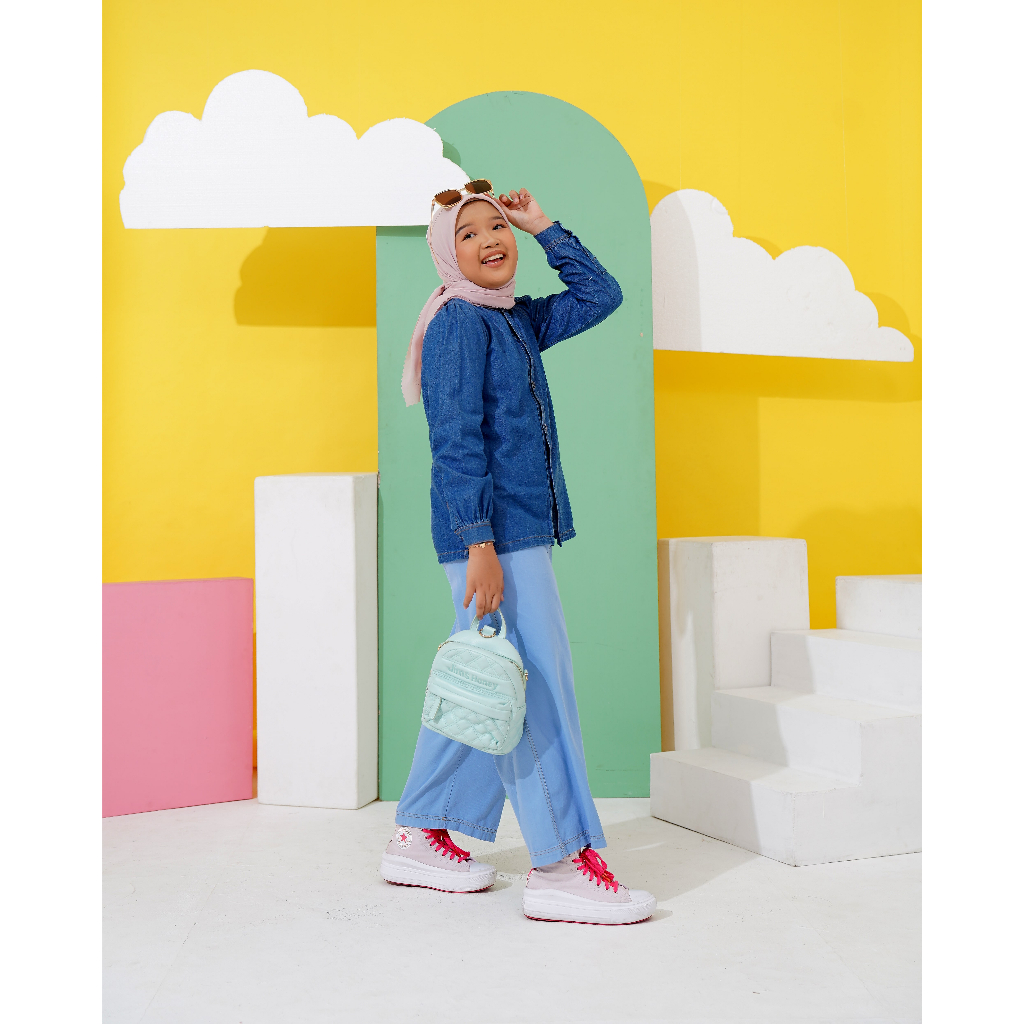 LITTLE MISSMOS - New Namia Blouse, Blouse Anak muslim lengan panjang dengan bahan Katun denim yang pas ketebalannya untuk kemeja, dengan warna basic denim dark dan light denim