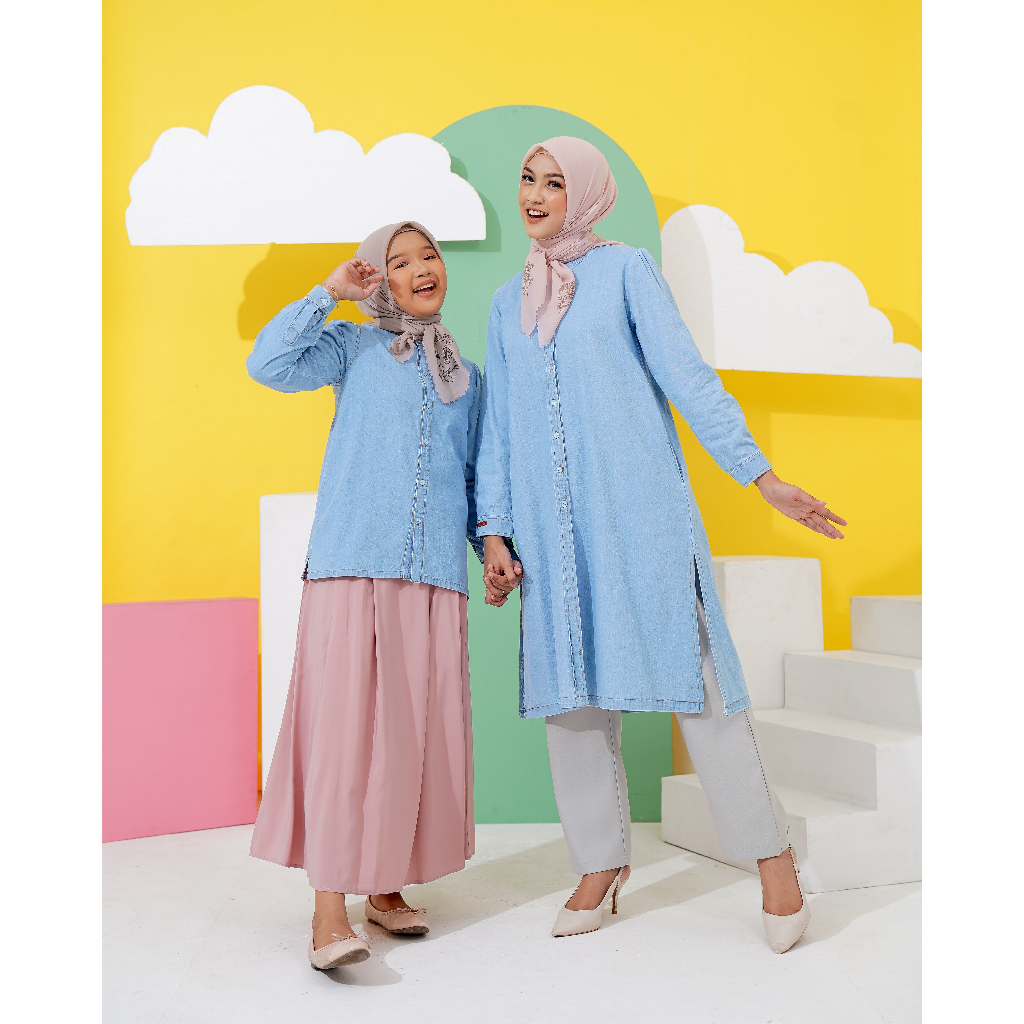 LITTLE MISSMOS - New Namia Blouse, Blouse Anak muslim lengan panjang dengan bahan Katun denim yang pas ketebalannya untuk kemeja, dengan warna basic denim dark dan light denim