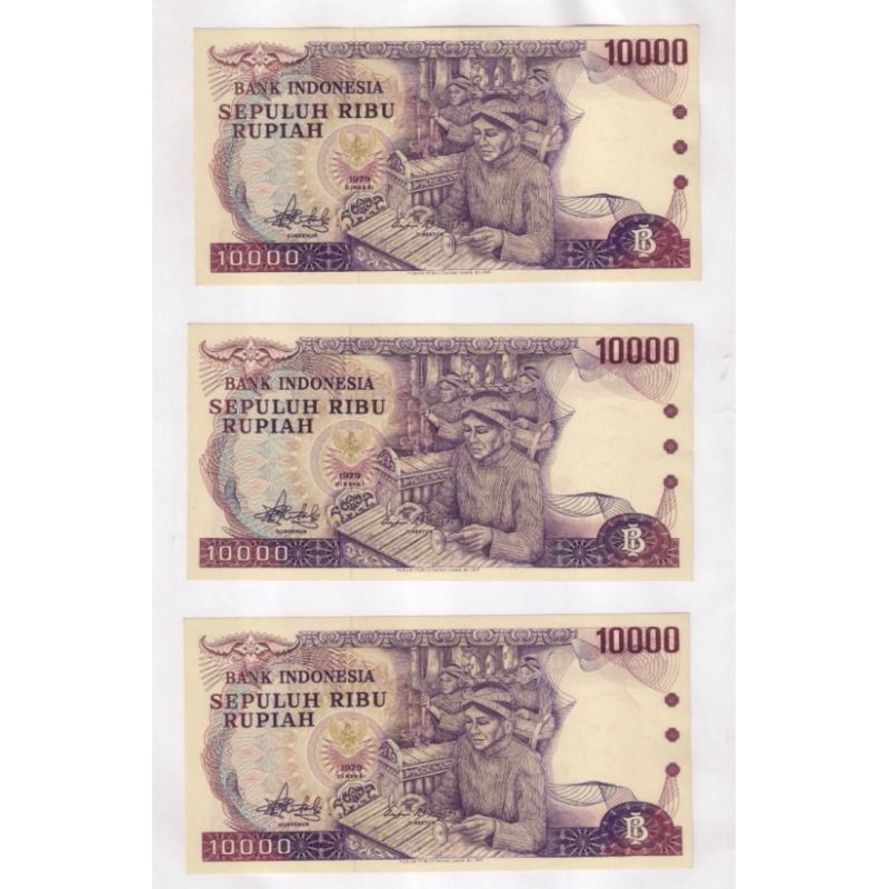 Uang Kertas Kuno 10000 Rupiah 1979 Gamelan 3 Lembar Urut