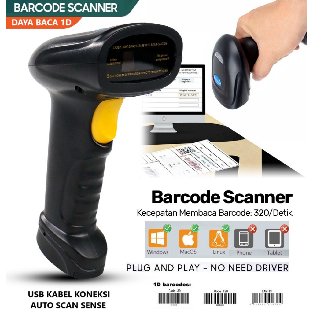 Barcode scanner 1D USB Laser barcode batang scanner kasir