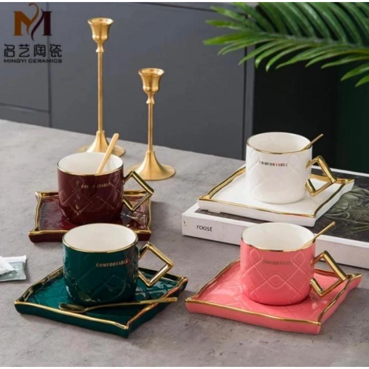 Cangkir Set Coffe Mug Tea Minum Keramik Tatakan Gelas Sendok Vintage