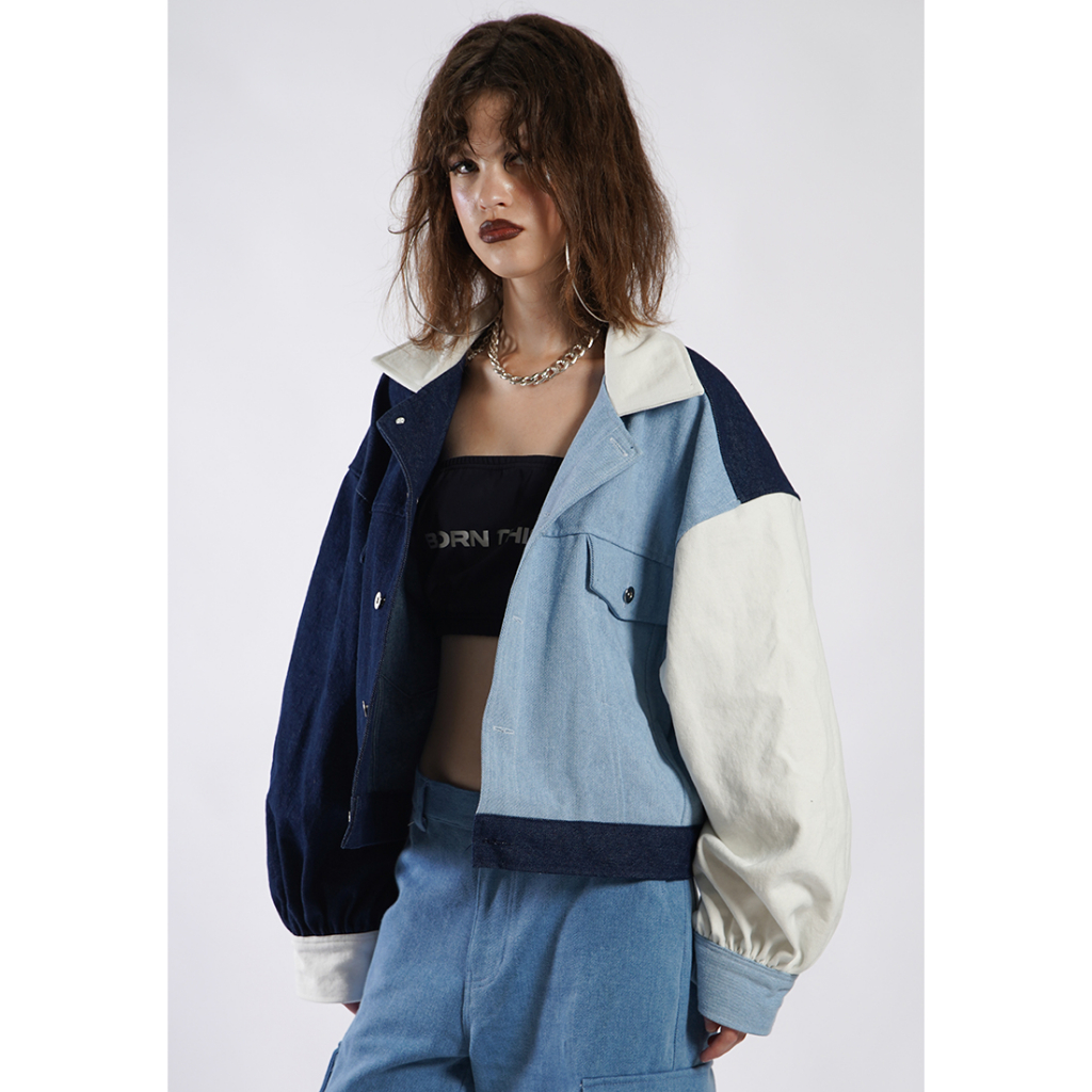 OCWA BUBBLE CROP DENIM JACKET BLUE WHITE WOMEN