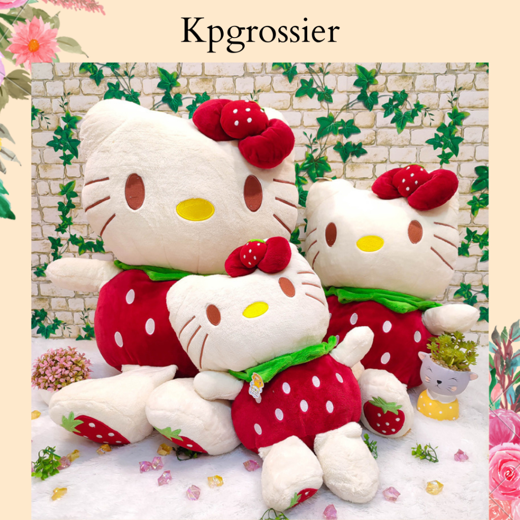 Boneka Hello Kitty Jumbo Lucu Import Baju Kostum Strawberry Bulat 32, 43 dan 60cm