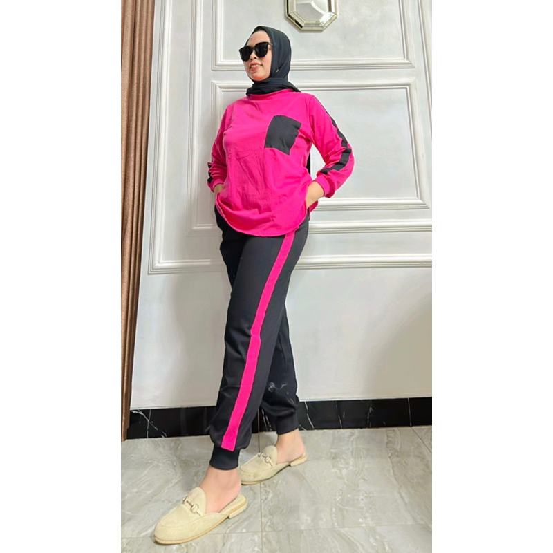 stelan kaos bahan combad premium, stelan olahraga wanita, stelan kaos