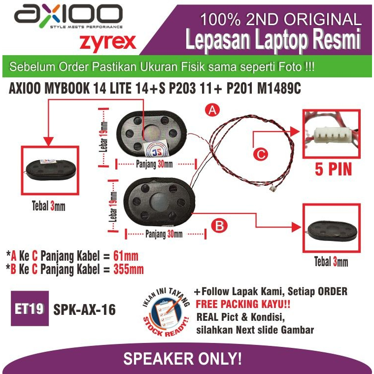 ET19 SPK-AX-16 Speaker AXIOO MYBOOK 14 LITE 14+S P203 11+ P201 M1489C