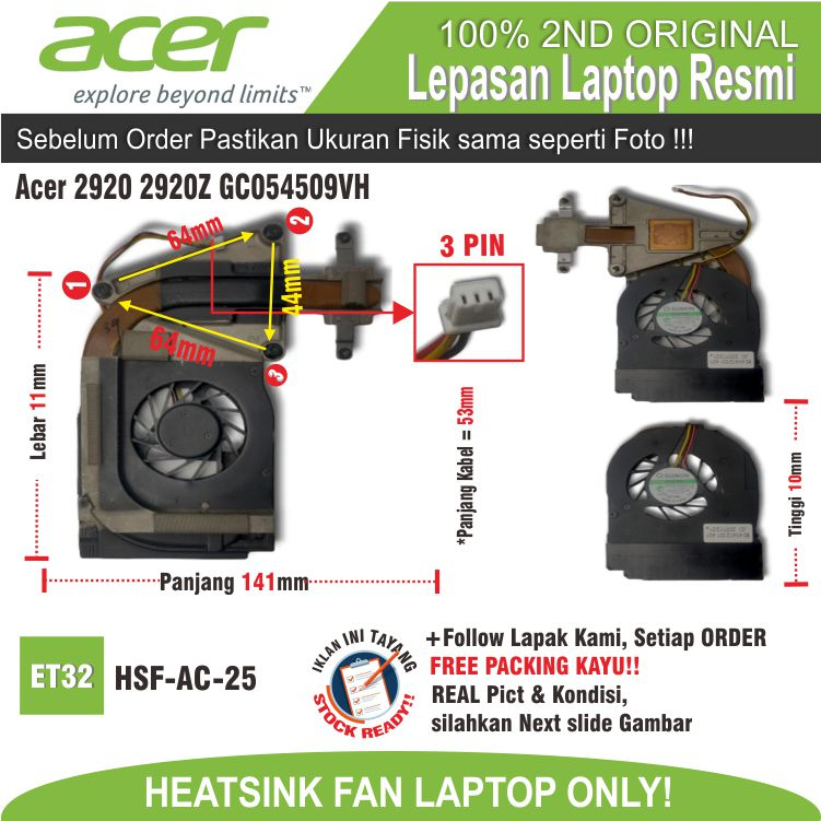 ET32 HSF-AC-25 FAN Kipas Laptop Cooling Fan Acer 2920 2920Z GC054509VH