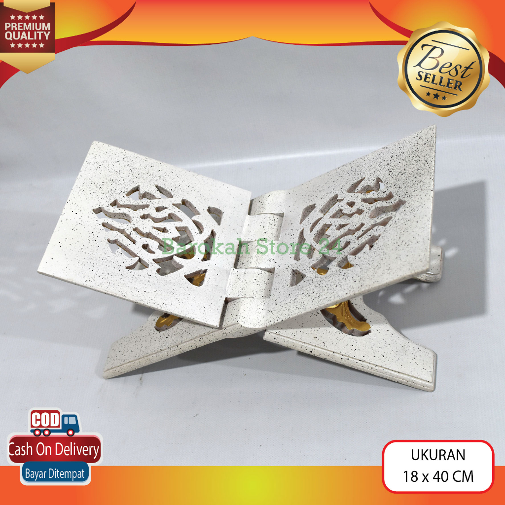Meja Alquran Lipat Rehal Rekal Lipat Kecil Ukir Kayu Mahoni Motif Marmer Iqro Asli Ukuran 18 (Panjan