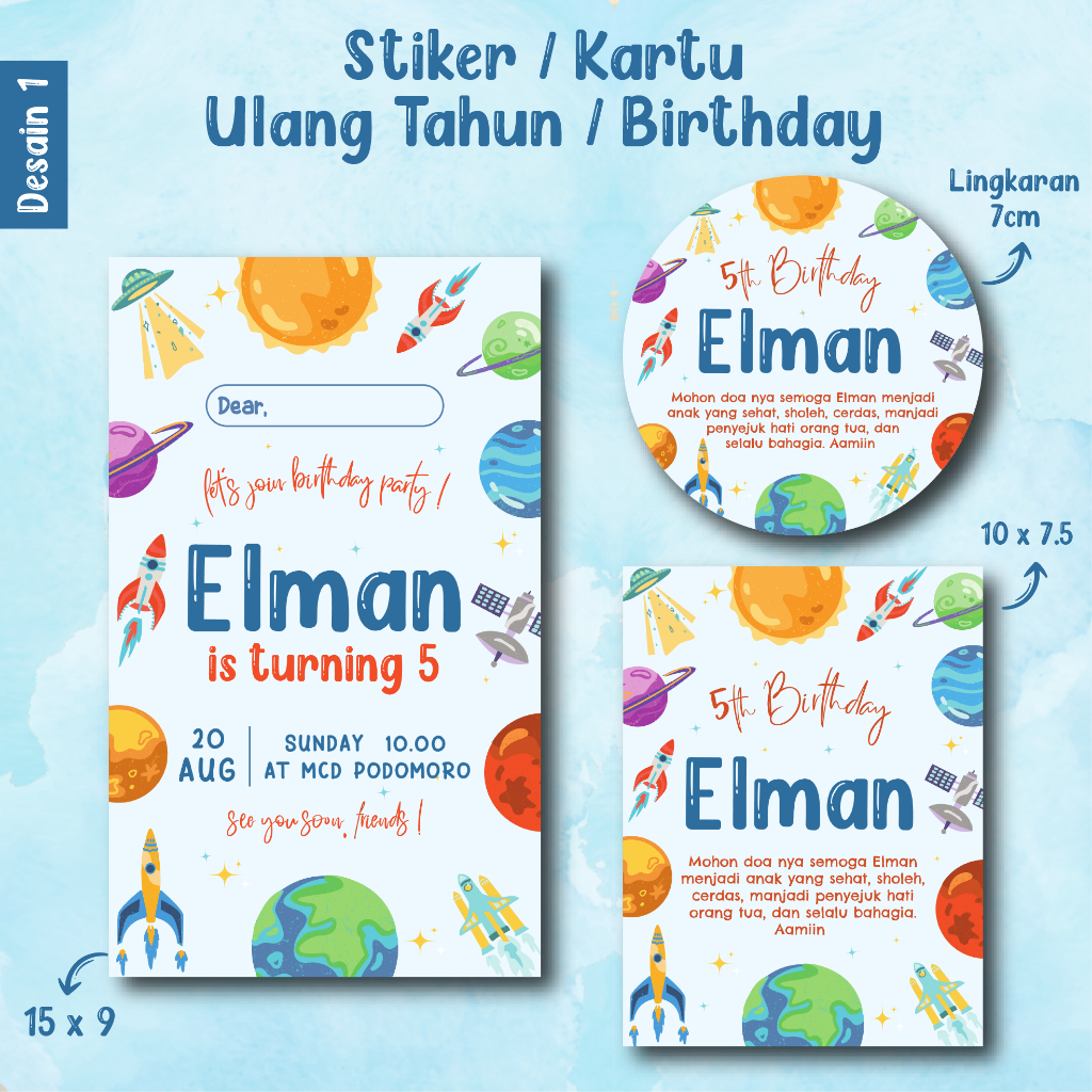 Stiker / Kartu Ulang Tahun Anak / Undangan Ulang Tahun Space / Dino