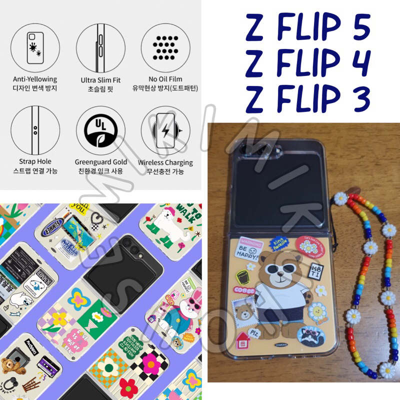 KOREA Z FLIP 5 CASE ANTI YELLOWING SAMSUNG GALAXY Z FLIP 5 PHONE BEADS STRAP TALI TEDDY BEAR CASING 