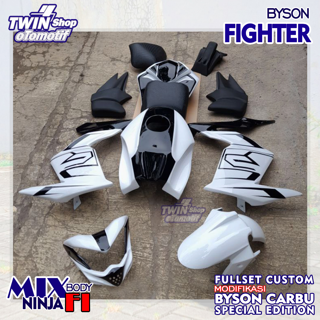 Paket Body Custom Modifikasi Model Fighter PNP Yamaha Byson Karbu, Body Byson karbu Putih