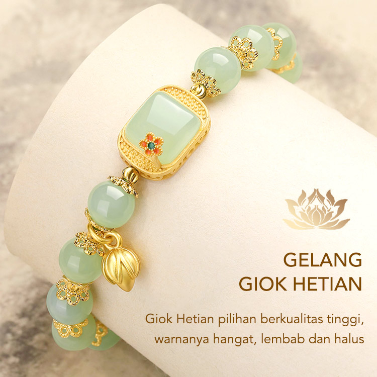 【Ramadhan Promo】LOZT Hetian Jade Lotus Gold 18k Gold Jade Jewelry Empat potong set, gelang, kalung, 