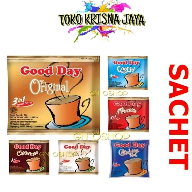 

KOPI GOOD DAY COOLIN| CARREBIAN NUT| MOCACINNO| VANILLA LATTE| CHOCOCINNO| CARAMELLO SACHET 1 RENCENG ISI 10 BUNGKUS