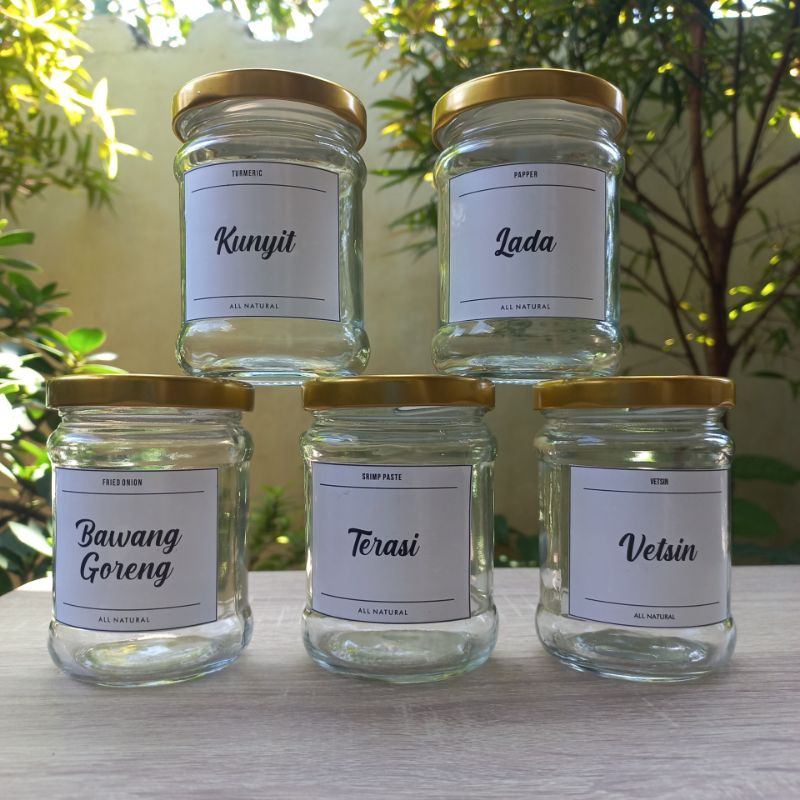 Jar toples bumbu dapur kaca gold aestetik free label stiker