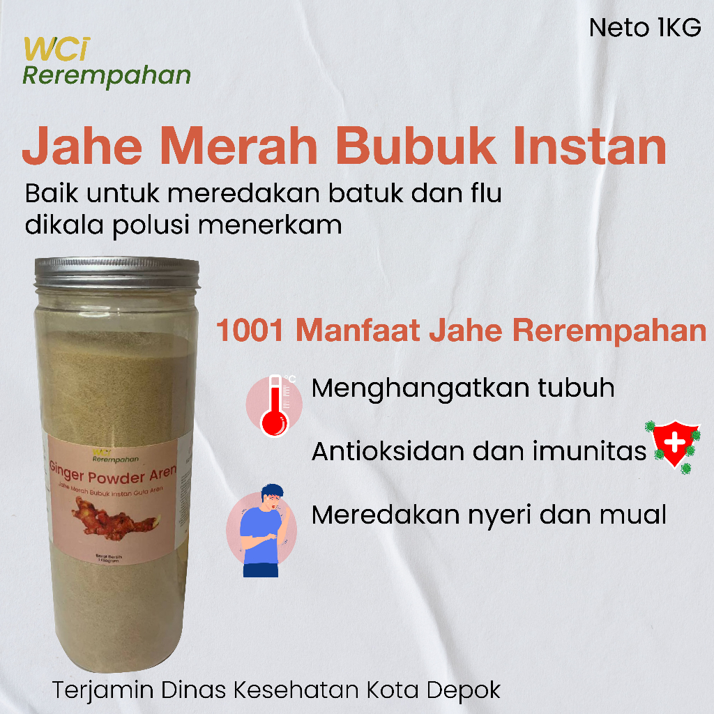 

Jahe Merah Bubuk Instan 1KG Rerempahan Plus Gula Aren Plus Lemon