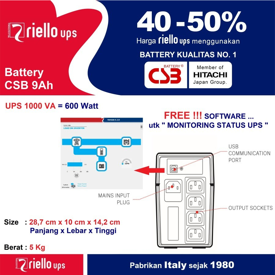 UPS Riello Net Power 1000 VA / 600 Watt , 2 Thn Garansi Ganti Baru