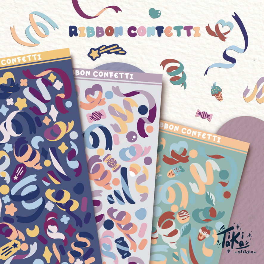 

Ribbon Confetti Sticker Sheet / Stiker Konfeti dengan 3 Tema Warna / Kisscut Sticker