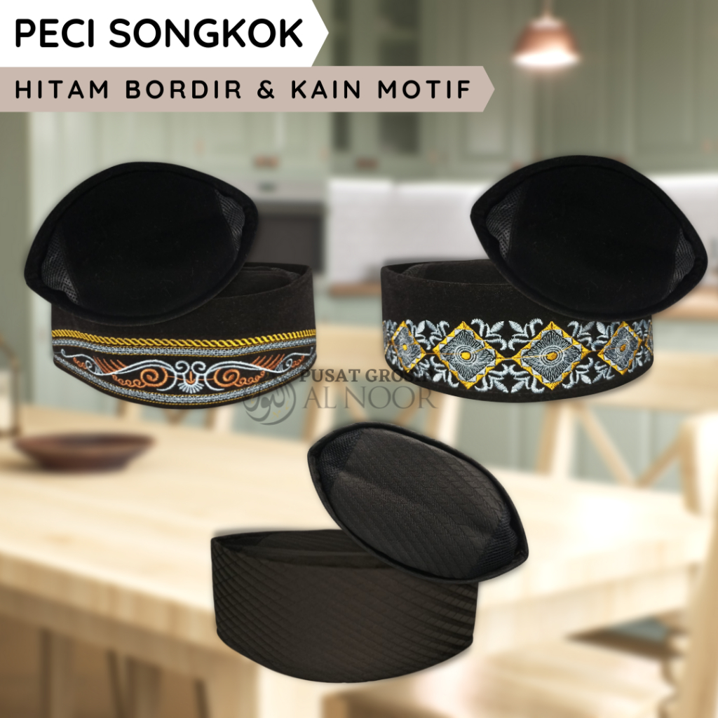 Peci Songkok Hitam Bordir & Kain Motif | Pusat Grosir Al Noor