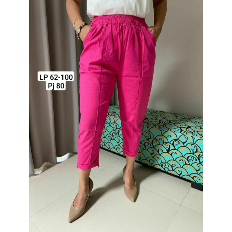 Ready Celana Panjang Linen Import Pink Barbie / Fuschia