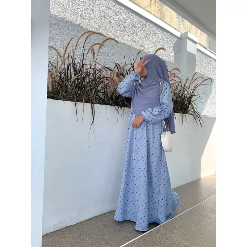 Gamis polkadot warna biru muda gamis polkadot bahan shakilla gamis shakilla polkadot baju muslim pol