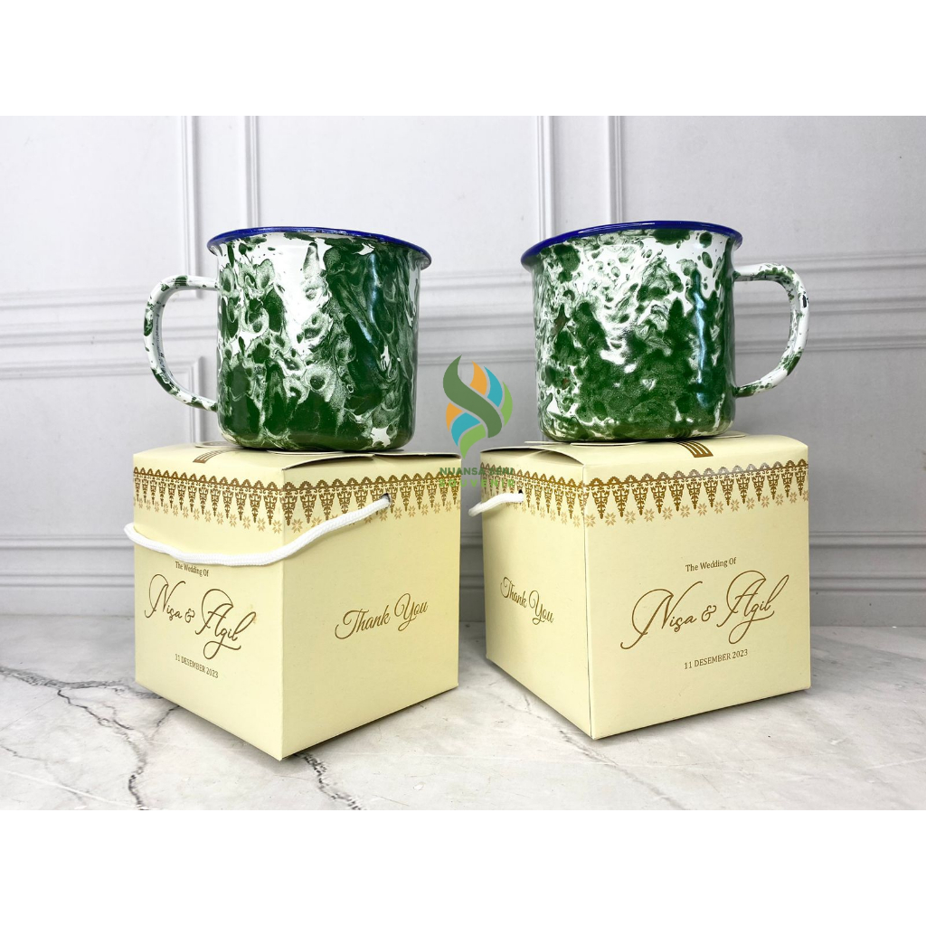 Souvenir Antik Gelas Minum 200ml Cangkir Enamel Blurik 7cm Mug Gagang Enamel Motif Sablon Custom