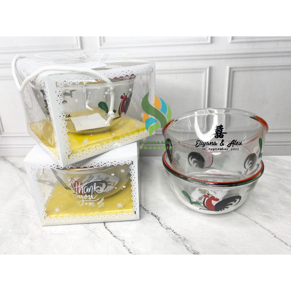 Souvenir Mangkok Kaca BIB3.75B Ayam Jago Mangkuk Sambal Beling Motif Ayam Bening Mangkuk Sablon