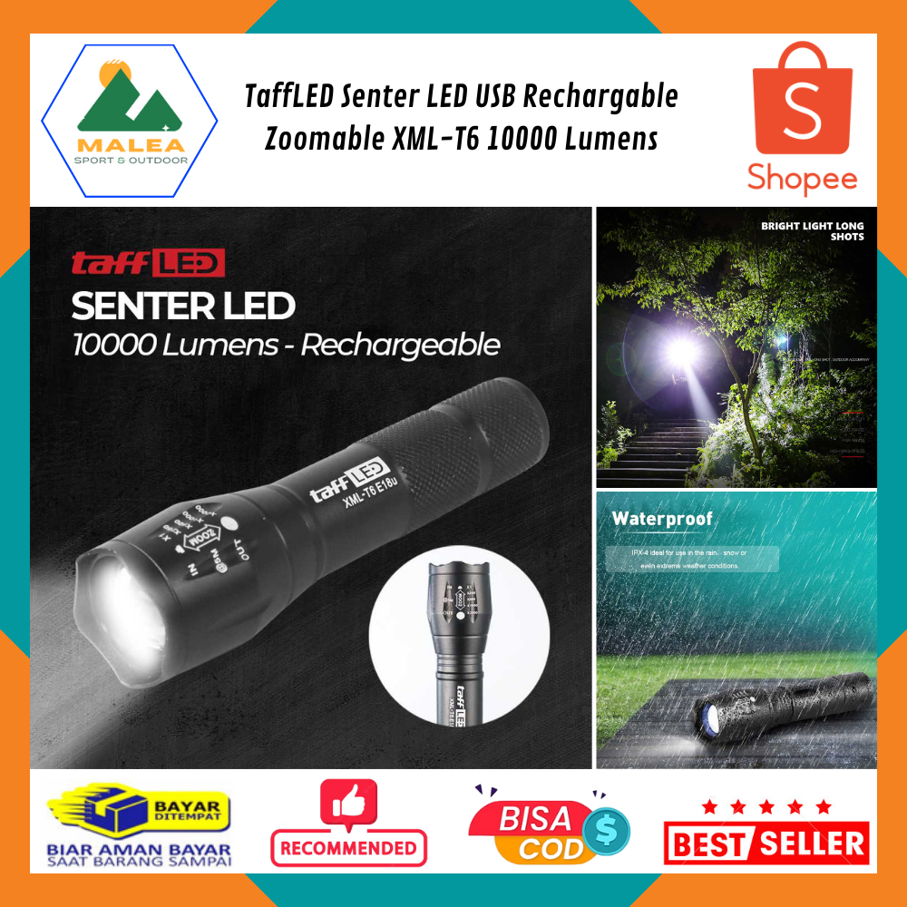 Senter LED USB Rechargable Zoomable XML-T6 10000 Lumens / Senter Mini Mendaki Berburu Super Terang