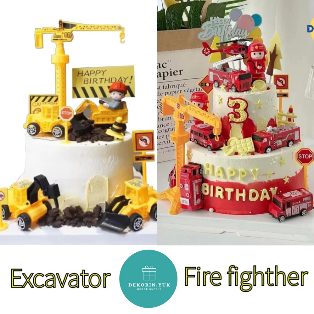 CAKE TOPPER KUE ULANG TAHUN BENTUK MOBIL TRUK EXCAVATOR SET / DEKORASI KUE ULANG TAHUN MOBIL /