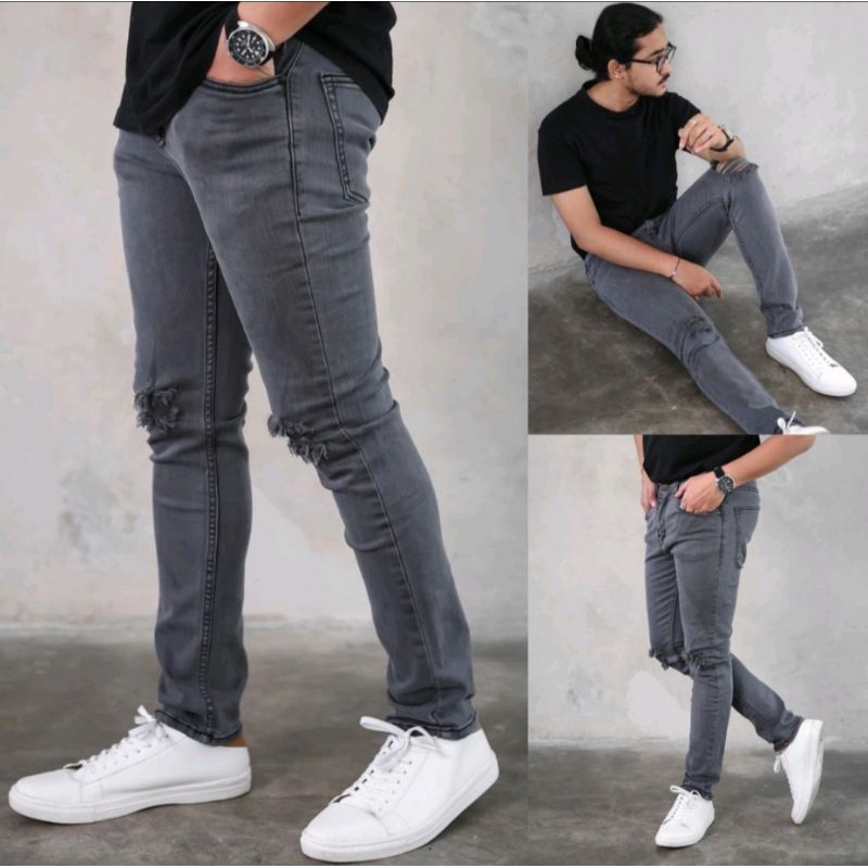 Celana Jeans Pria | Celana Jeans Sobek lutut | Celana Pria Karet | Celana Jeans Hitam | Celana Wekin