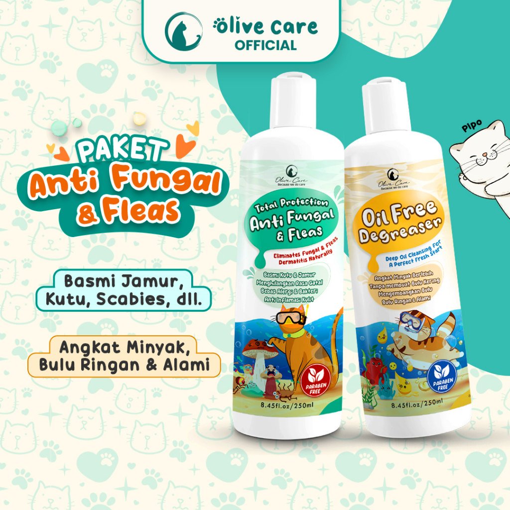 Olive Care Shampo Kucing Paket ANTI FUNGAL & FLEAS untuk Basmi Jamur dan Kutu, Scabies, Ringworm dan