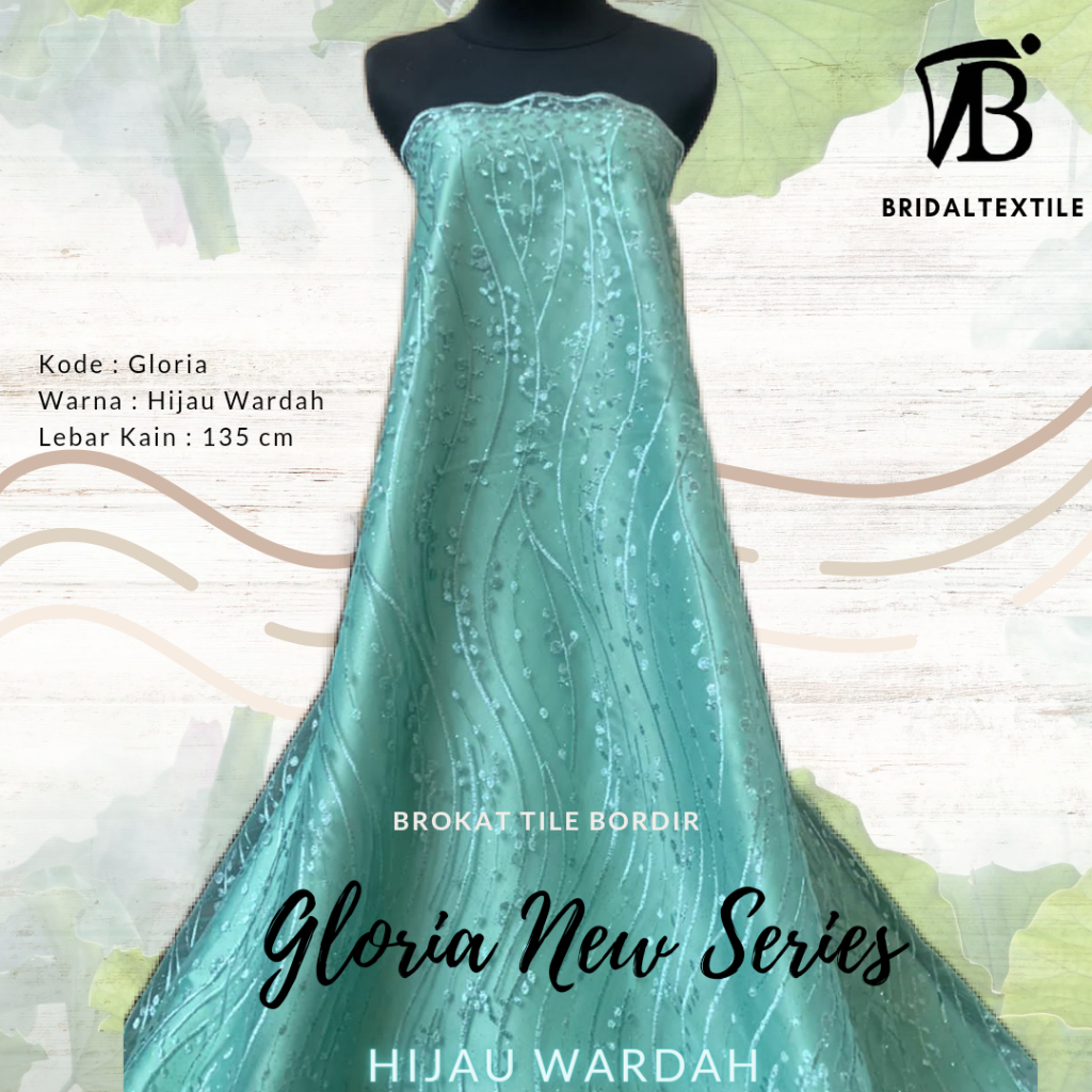 Bahan Kain Brokat Brukat Tile Tulle Meteran Gloria Luxury Glitter New Series Warna Hijau Green Warda