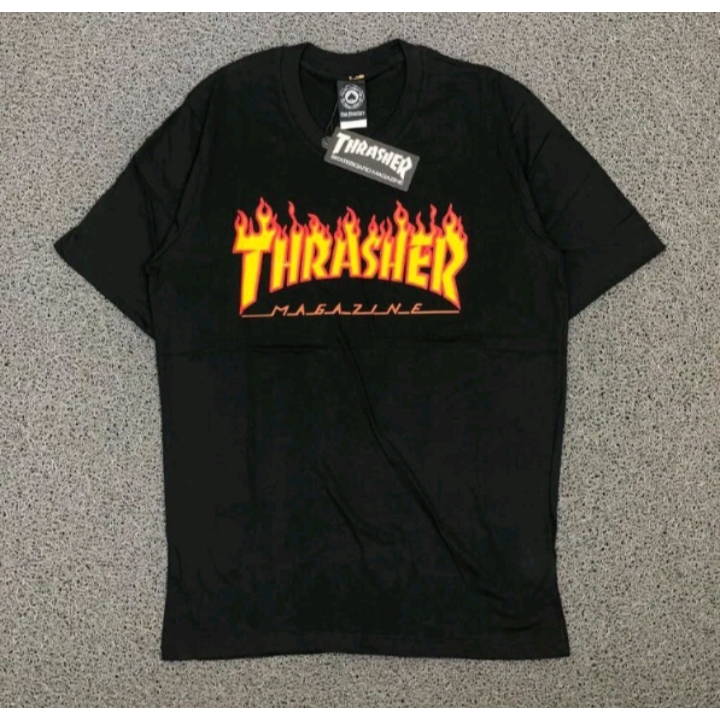 T SHIRT KAOS THRASHER FLAME BLACK AUHTENTIC FULL LEBEL
