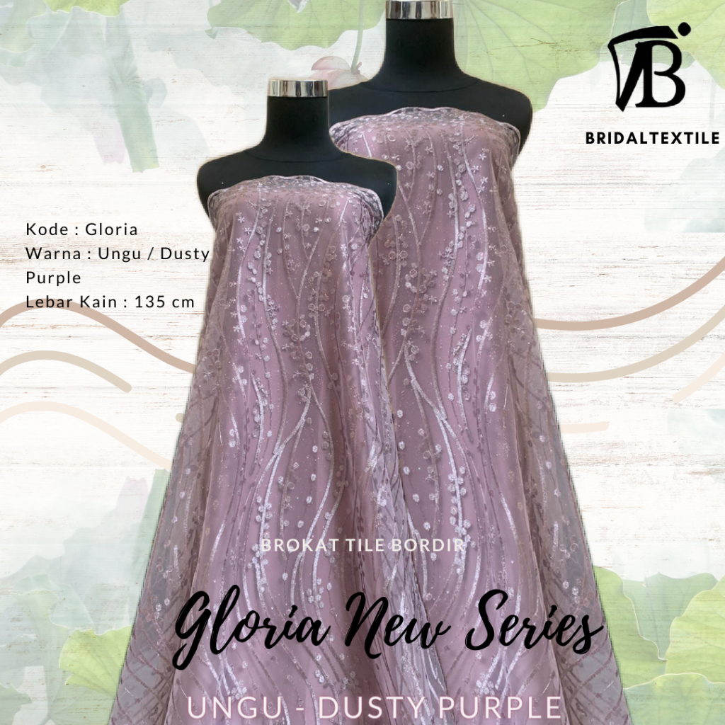 Bahan Kain Brokat Tile Glitter Meteran Gloria Luxury New Series Warna Ungu Taro Dusty Purple