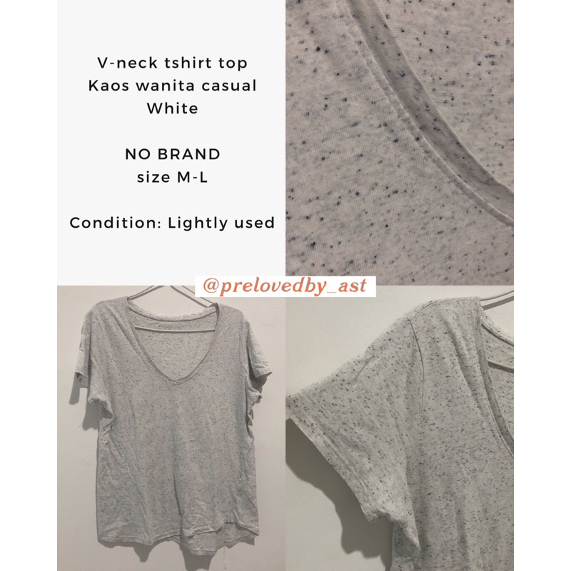 Casual v-neck tshirt top/ kaos wanita - putih motif (preloved)