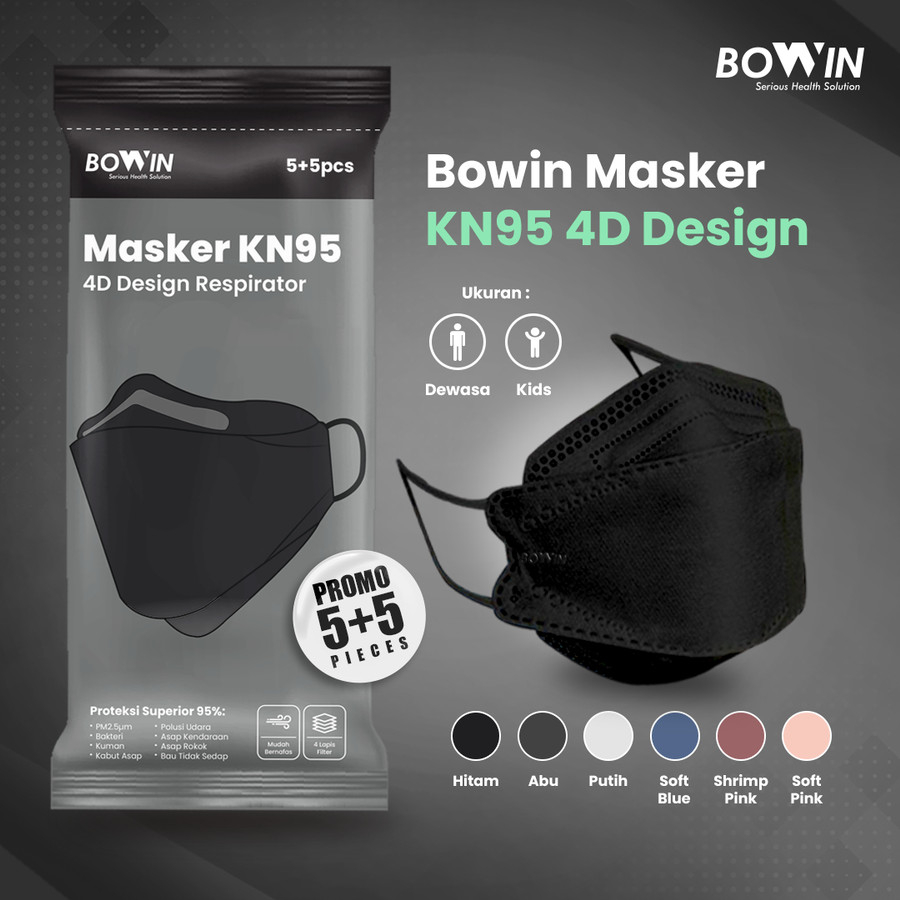 Bowin Masker KN95 4D Design 95% BFE PFE (Masker Kesehatan Model KF94) - KN95(4D DEWASA),