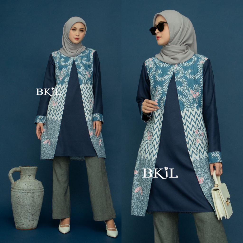 Atasan wanita tunik jumbo lengan panjang baju formal batik kombinasi modern
