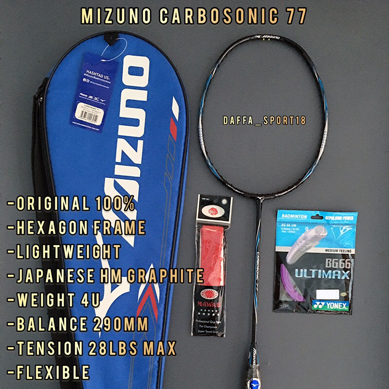 RAKET BADMINTON MIZUNO CARBOSONIC 77 ORIGINAL BONUS TAS DAN GRIP