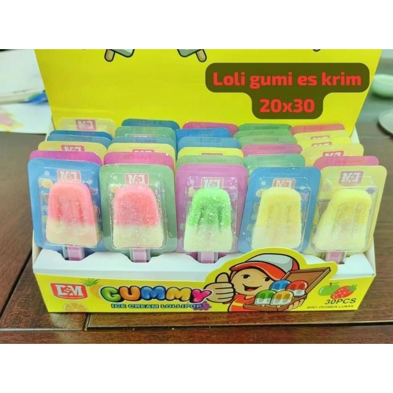 

Permen Cemilan Snack Gummy Gumi Yupi Ice Cream Es Krim Stik Lolipop Loli Mainan Anak Murah (isi 30 pcs)