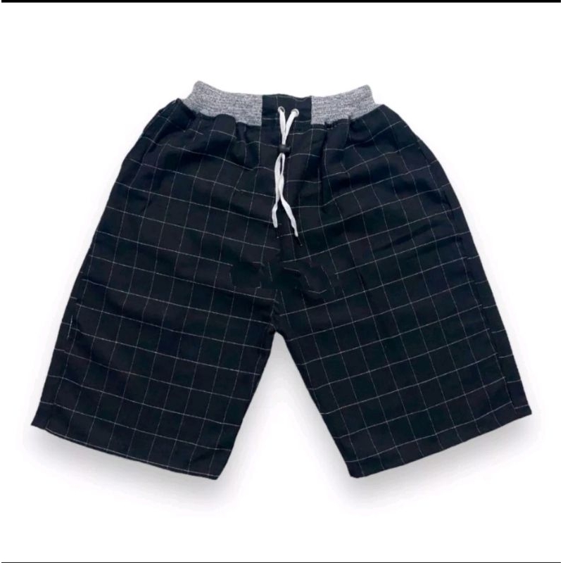 celana pendek Tartan kotak kotak kain semiwoll saku kanan kiri belakang