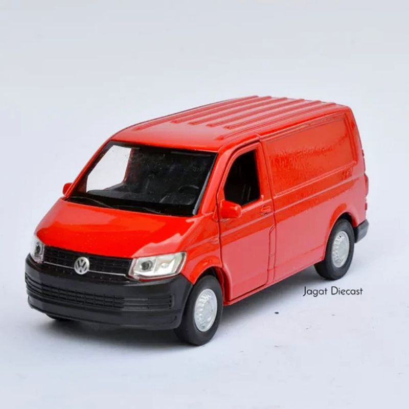 Mainan Mobilan VW Kargo Kurir JNT Ninja Welly Volkswagen T6 Bus Red Diecast