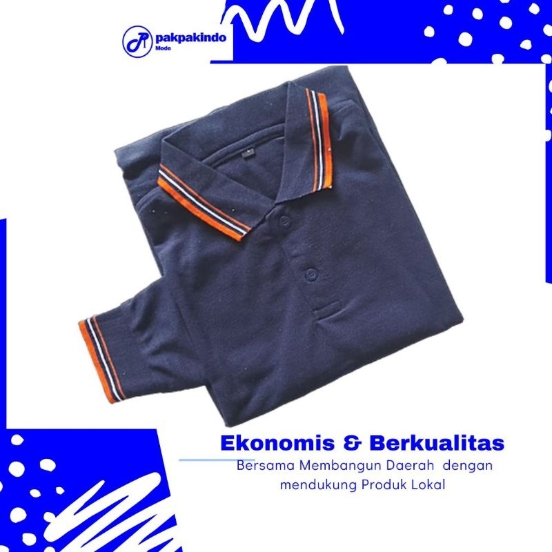 KAOS POLO POLOS NAVY BIRU DONGKER KERAH LIS ORANGE LENGAN PANJANG PRIA WANITA TERBAIK