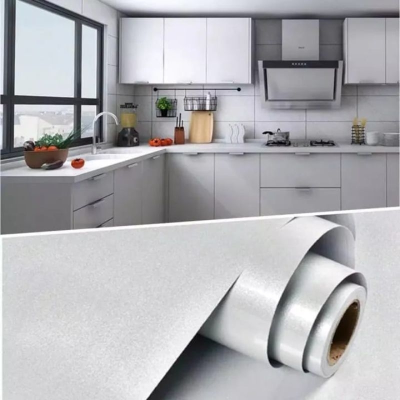Wallpaper Dinding Dapur Premium Glossy Silver Polos