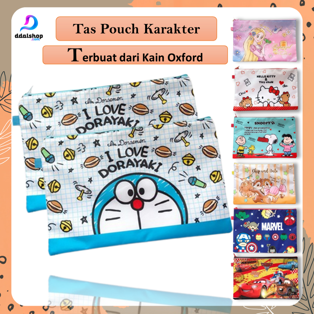

Pouch Bag Tas Tempat Buku atk File Folder A4 Motif Karakter Kartun Doraemon Marvel dll Bahan Kain Oxford