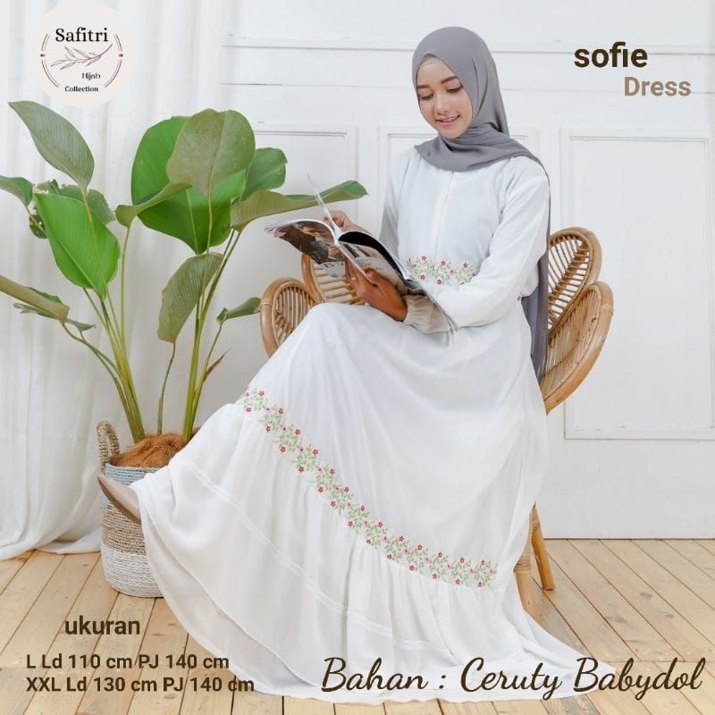 KHADIJA DRESS 1 Gamis bahan ceruty babydol putih bersih putih tulang broken white hitam Umroh/Manasik haji by Safitri Fashion-Putih BW Bordir