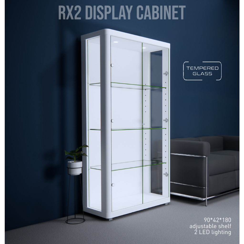 lemari display pajang kaca hias RX2 mainan sepatu tas koleksi minimalis putih tempered pajangan